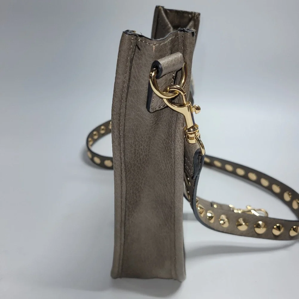 Steve Madden Taupe Grey Studded Strap Crossbody Bag Gold Tone Hardware Messenger